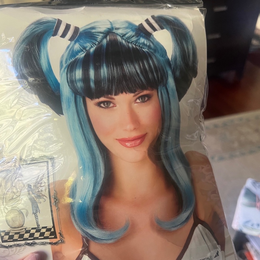 Witchy Fairy Wig Blue Black Pigtails Goth Halloween Cosplay